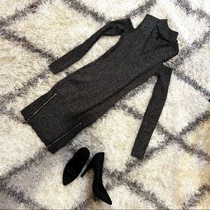 Gray Sparkly Sweater Dress • Gold Zipper Detail • Cold Shoulder • S